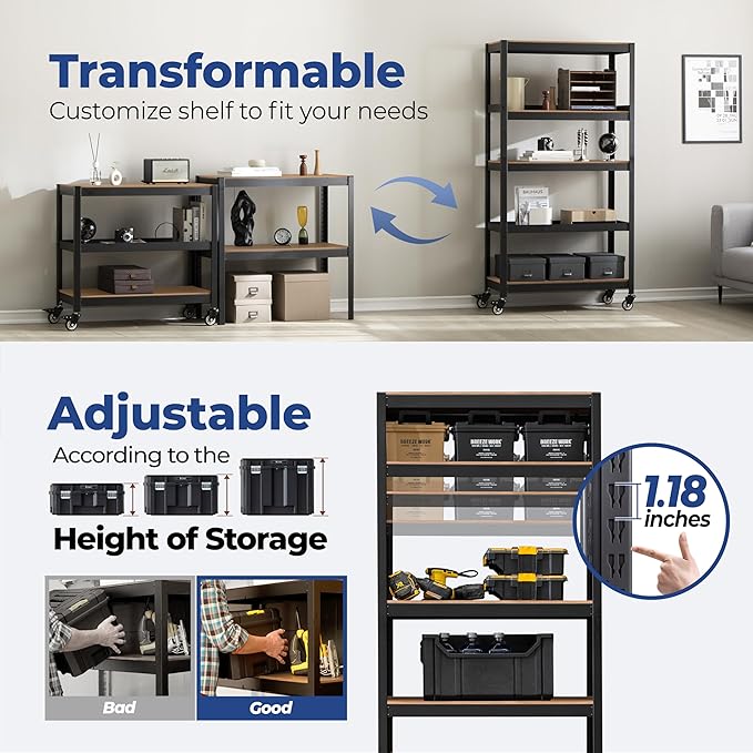HOMEDANT House 5-Tier Metal Rolling Cart Shelf Rack Casters Heavy Duty Laminated Wheel Shelving Unit Adjustable Utility Storage Shelves Organizer Shelf Kitchen Garage 36.2" W x 16.5" D x 69.5" H 3Pack
