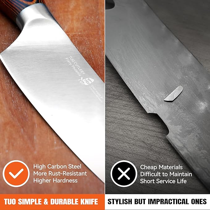TUO Chef Knife, 8 inch Sharp Kitchen Knife with Pakkawood Handle, High Carbon Steel, Professional for Chopping & Dicing, Gift Box - Fiery Phoenix Series