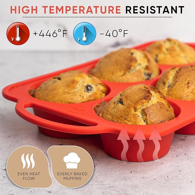 [2 PACK] Jumbo Muffin Pan, 3.5" Large Muffin Pan 6 Cup - Silicone Jumbo Muffin Tin for Baking BPA Free Non Stick - RED
