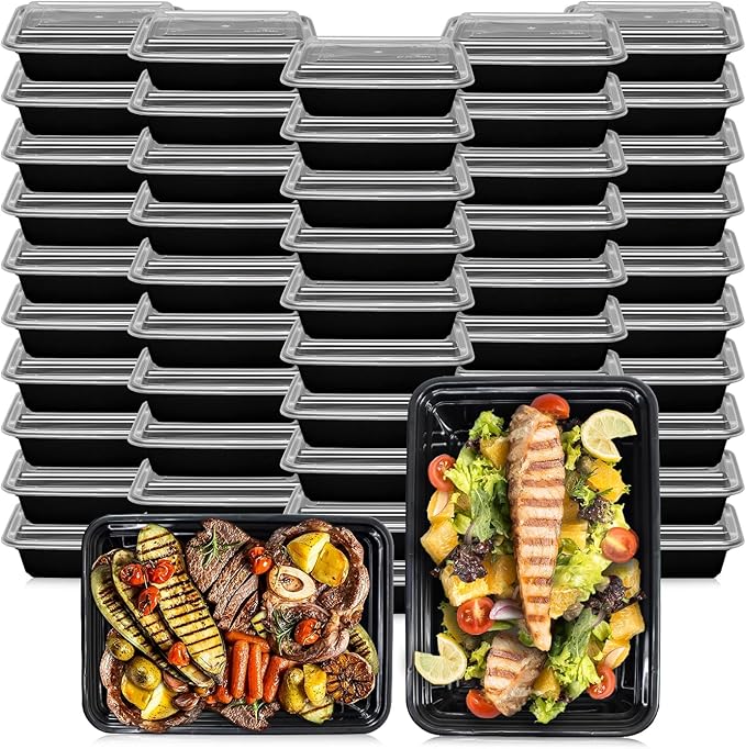 Klex 16 Oz, 50 Sets Meal Prep Containers with Airtight Lids, BPA Free, Reusable Plastic Food Container, 16 oz, Rectangular, Black/Clear, 50 Sets