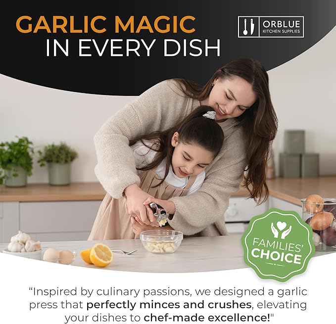ORBLUE Garlic Press Stainless Steel - Premium Professional Grade Garlic Mincer, Crusher & Peeler Set - Easy Clean, Dishwasher Safe & Rust-proof, Black