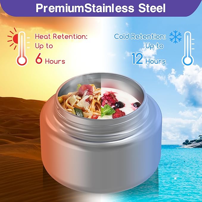 Bento Box for Kids - Leak-Proof Bento Lunch Box with Insulated Thermos Food Jar - 4 Compartments, 1 Removable Divider, 1Spoon, 1 Fork - Dishwasher Safe, BPA-Free (Light purple)