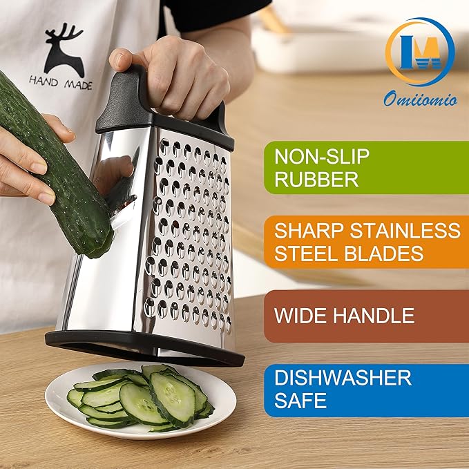 Professional Cheese Grater - Stainless Steel, XL Size, 4 Sides - Perfect Box Grater for Parmesan Cheese, Vegetables, Ginger - Dishwasher Safe - Black