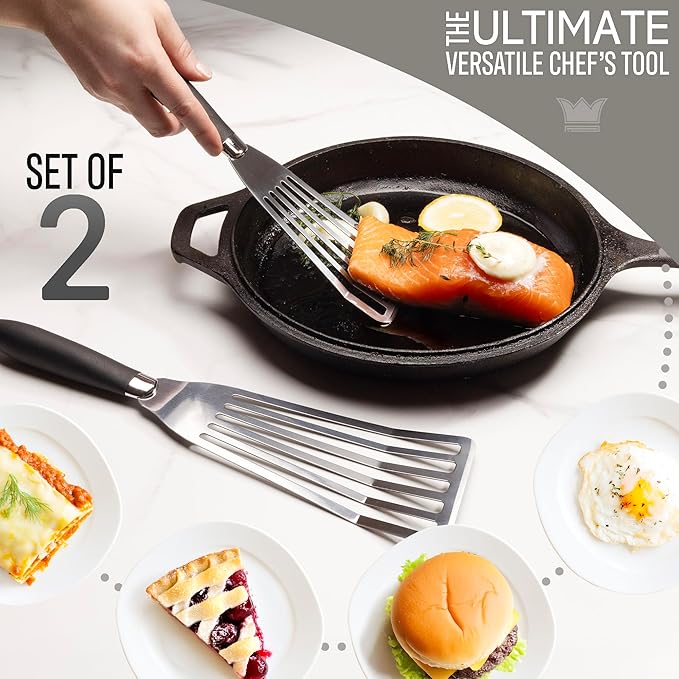 Professional Fish Spatula Stainless Steel Set - 1 Large + 1 Small stainless steel spatula - mirror polished spatulas with heat resistant ergonomic handles - fish turner for Flipping, Frying & Grilling