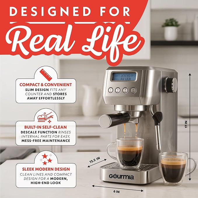 Gourmia Slim Espresso Machine – 20-Bar Pump, LCD Display, Milk Frother, Adjustable Temperature, Manual & Auto Brew for Single/Double Shots, 1350W, Stainless Steel
