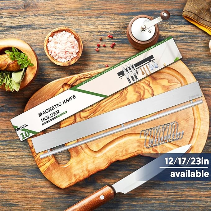 17 inch Magnetic Knife Holder with 10 Hooks, No Drilling Wall Mount, Powerful Magnet Rack
