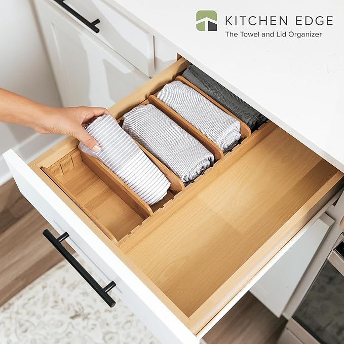 KitchenEdge Bamboo Kitchen Towel and Food-Storage Organizer, Perfect for Kitchen Drawers, Cabinets, Pantry, 5 Adjustable Wall Inserts, Organize & Store Plastic Food Containers