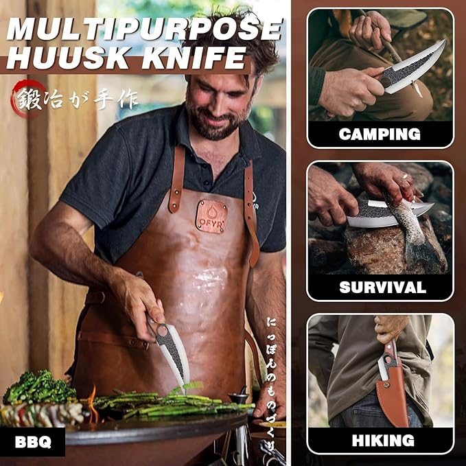 ROCOCO 3PCS Butcher Cleaver Knife Set for Meat Cutting Serbian Chef Knife Viking Boning Cleaver with Sheaths for Kitchen Outdoor BBQ Camping Birthday Father Mother Christmas Gift Idea Men