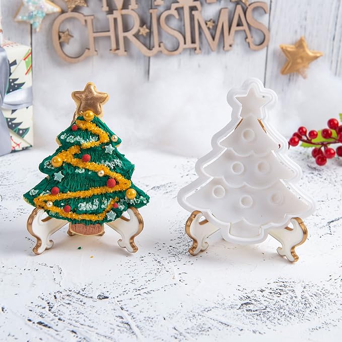Flycalf Christmas Cookie Cutters Xmas Tree Shapes with Plunger Stamps Holiday PLA Baking Accessories Cutter Molds Gifts Decorative Party 3.5" Kitchen Cake Supplies