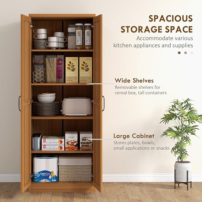 HOMCOM 63" 2-Door Kitchen Pantry, Freestanding Storage Cabinet with 5-Tier Shelving and 2 Adjustable Shelves for Dining Room, Teak Wood Grain