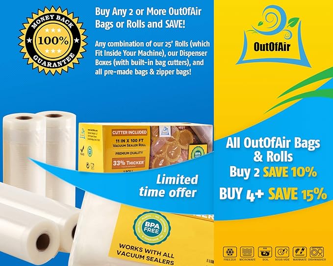 OutOfAir 11" x 100' Vacuum Sealer Bags Rolls & Dispenser Cutter Box - BPA Free, 4 mil thick - Great for Sous Vide - Works with Food Saver Machines