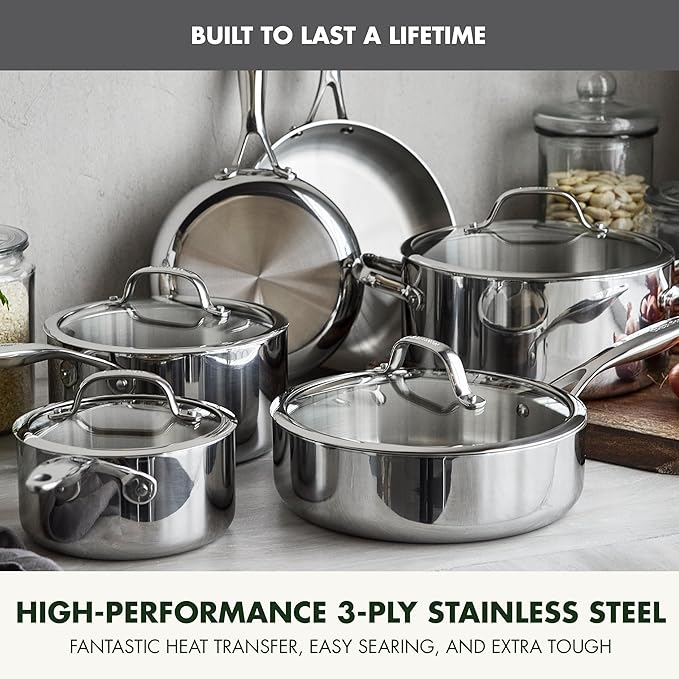 GreenPan Valencia Tri-Ply Stainless Steel 10 Piece Cookware Set, Induction Ready Pots & Pans, Mirror Finish, Dishwasher Safe & Oven/Broiler Safe to 600F, Compatible with All Cooktops, Silver
