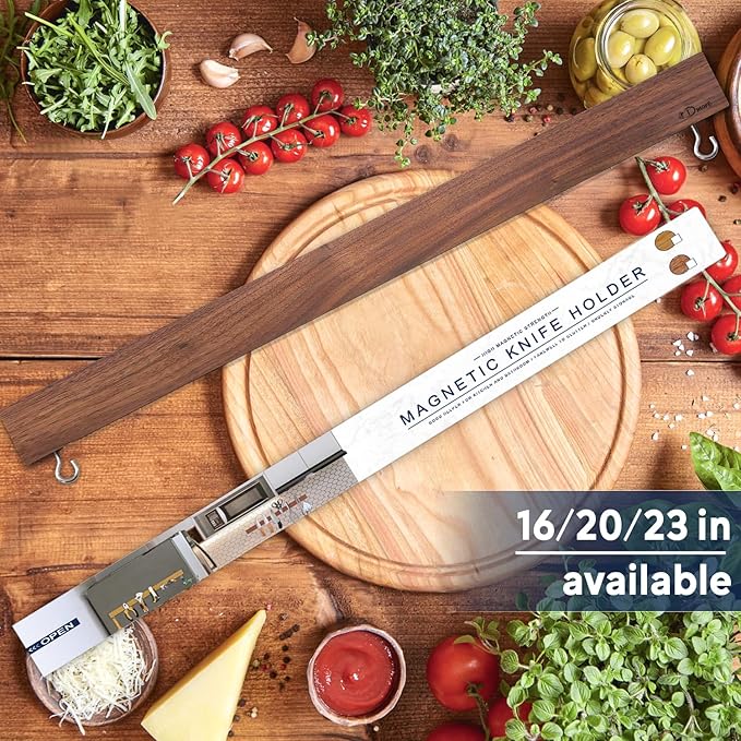 Dmore magnetic knife holder for wall—with 2 hooks, No Drilling 20 Inch walnut knife magnetic strip, Powerful knife magnet rack, include Adhesive Tape and screws for Knives, Utensils, and Tools