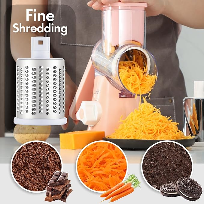 Rotary Cheese Grater with Handle, Round Mandoline Speed Kitchen Slicer, 3 in 1 Multifunctional Vegetable Shredder Manual Nut Grinder for Nuts, Potato, Carrot, Cucumber (Pink)