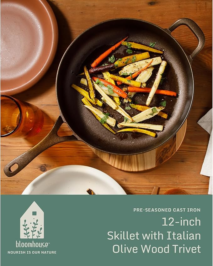 Bloomhouse Natural Bronze Finish 12-Inch Cast Iron Skillet with Long Handle, Helper Handle & Olive Wood Trivet – Olive Oil Treated Fry Pan, Oven & Stovetop Safe