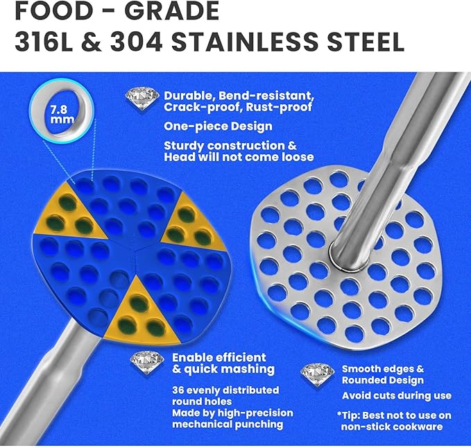 316L Potato Masher Stainless Steel, Sturdy Mashed Potato Masher Kitchen Tool, Solid Integrated Potatoes Smasher for Beans, Avocados, Squash, Dishwasher Safe, 8.8 Inch