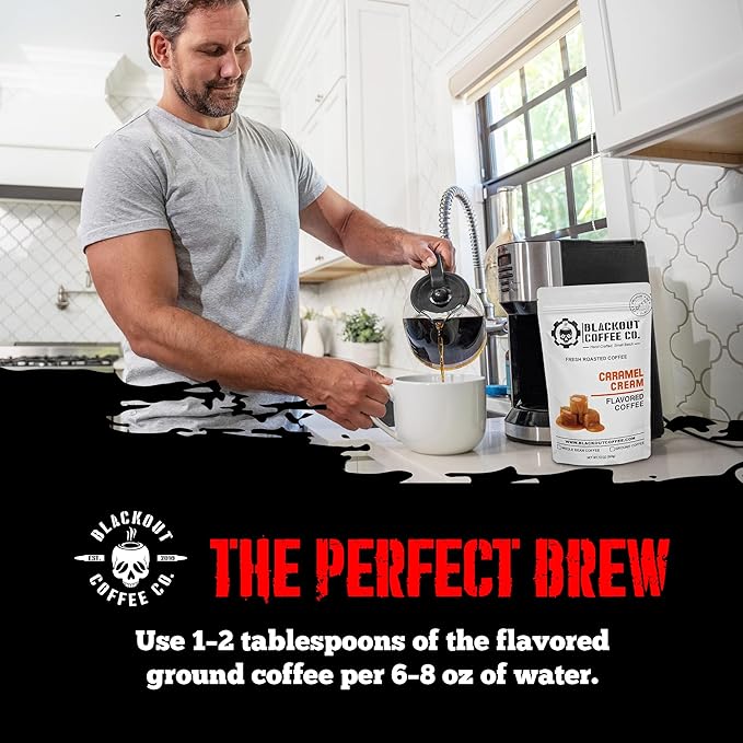 Blackout Coffee Caramel Cream Flavored Ground Coffee – Medium Roast, Smooth Taste, Guilt-Free Indulgence – Freshly Roasted 12oz Bag, American Made