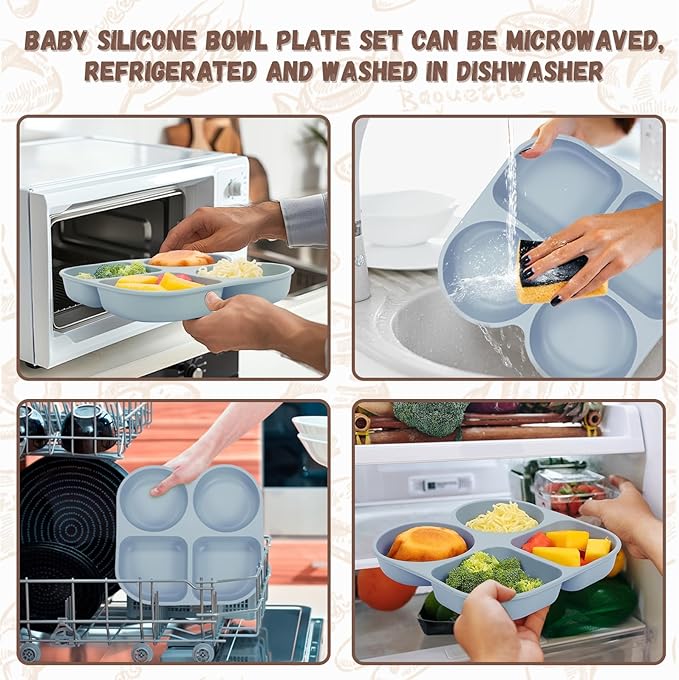 Silicone Baby Feeding Set, Baby Led Weaning Supplies, Baby Food Tableware Silicone Suction Plate, Bowl, Spoons, Fork, Waterproof Bib, Cup & Complementary Food Cake Mold, Baby Eating Utensils