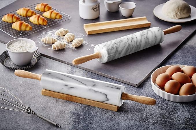JEmarble Rolling Pin-Wooden Handles(Black)(Premium Quality) Polished Surface 18-inch(10"Barrel) Genuine Stone Non-stick Save Effort Easy to Clean