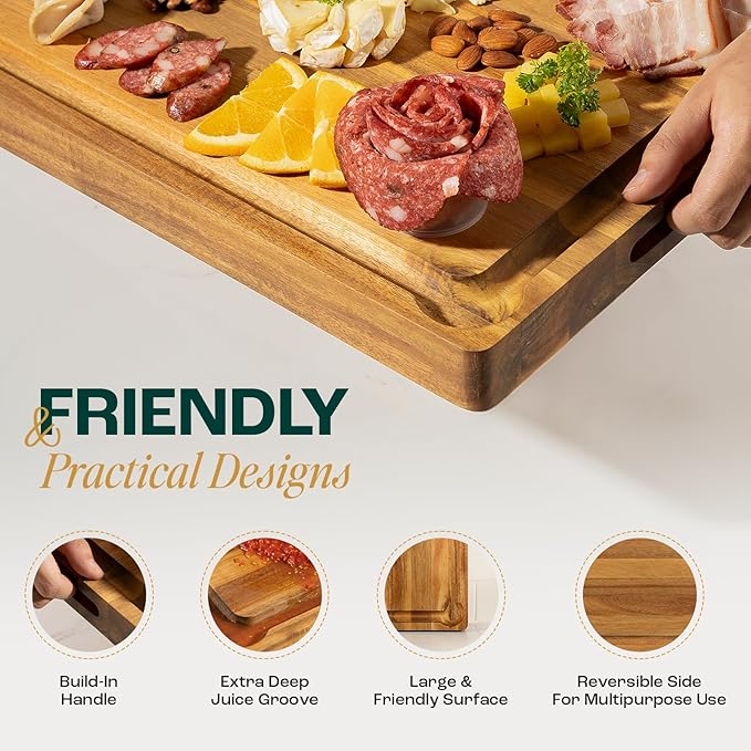 Yes4All Extra Large Acacia Wood Cutting Board for Kitchen, 24''L x 15''W x 1.5'' Thick, Durable Edge Grain Design with Juice Grooves, Pre-Oiled, Easy Grip Handle, Ideal for Chopping and Serving