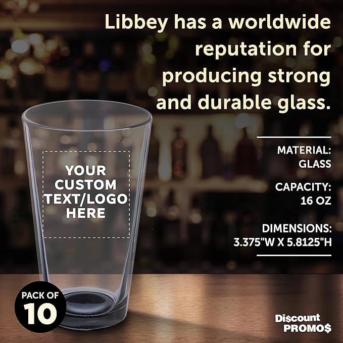 Custom Libbey Pint Glass 16 oz. Set of 10, Personalized Bulk Pack - Beer Glasses, Heavy Duty Drinkware - Black