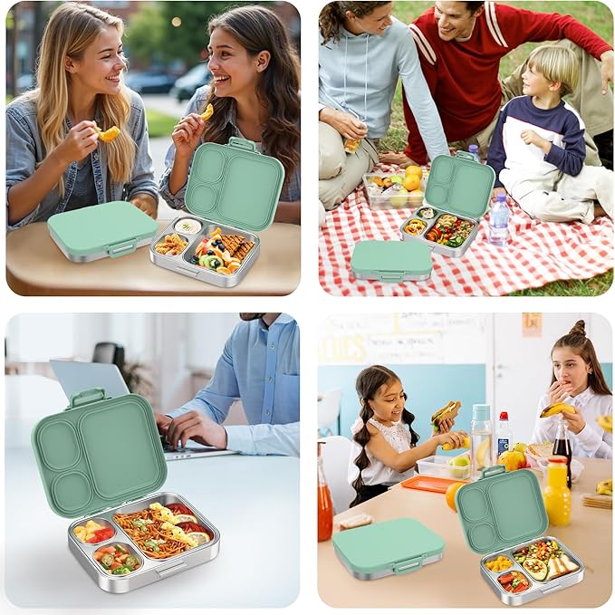 Stainless Steel Bento Lunch Box for Kids | 3-Compartment Lunch Box Container Kids | 100% Leakproof, Eco-Friendly, Perfect Portion Control for Kids&Adult Healthy Meals (Green)