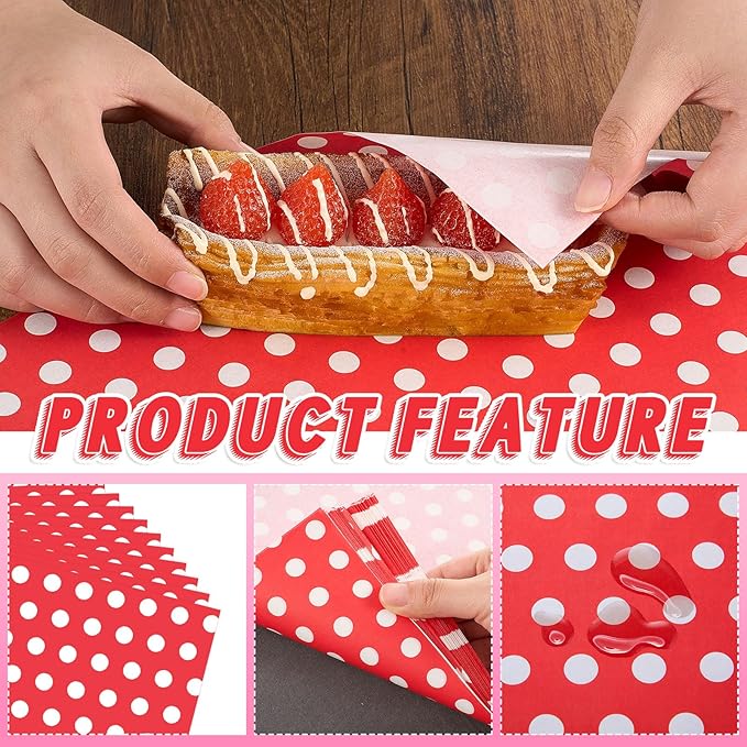 Fulmoon 300 Sheets Waxed Deli Paper Sheets for Food 12 x 12 Inch Polka Dot Dry Wax Paper Greaseproof Food Basket Liners Sandwich Wraps for Wrapping Bread Baking BBQ Picnic Party (Red)