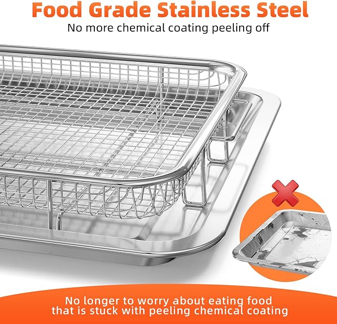 Air Fryer Basket for Oven, 2 Set Oven Air Fryer Basket and Tray with 60 PCS Parchment Papers, DEGOVIN Crisper Tray Non-stick Stainless Steel Air Fry Pans for Convection Oven(15.8" × 11" & 13" × 9.7")