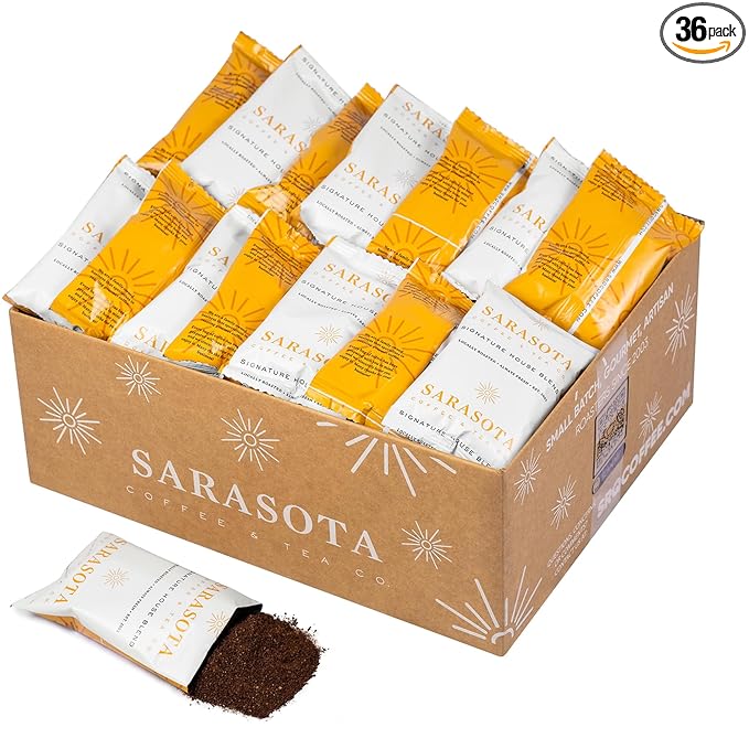 Sarasota Coffee Ground Packets | Gourmet Medium Roast Bulk Coffee Packs | Breakfast Blend | Low Acid Mold Free Singles Individual Pouches for 12 Cups Maker | 3 Ounce Bags, 36 Count