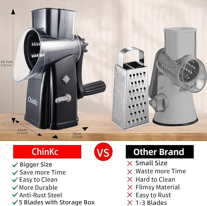 Rotary Cheese Grater Shredder - Upgraded 5 in 1 Cheese Grater with Handle and Strong Suction Base, Multi-purpose Julienne Slicer Ice Shaver Nuts Grinder for Ice, Vegetables, Fruit, Nuts