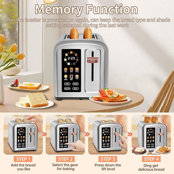 SEEDEEM Toaster 2 Slice, Touch Control Stainless Toaster LCD Display, 50% Faster Heating Speed, 1.4'' Wide Slots, More Timer Functions, Removable Crumb Tray, 1350W, Silver Metallic