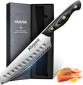 Huusk Damascus Santoku Knife 7 inch, Japanese Knives with Sharp Edge and Wooden Handle Hand Forged Chef Knives for Home Use, Meat Vegetables Fish Knives, Birthday Dad Mom Gift