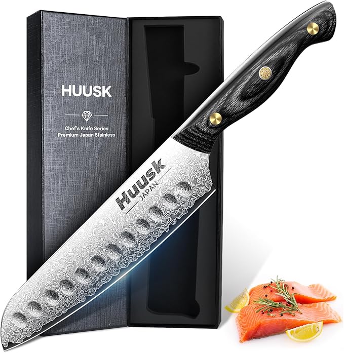 Huusk Damascus Santoku Knife 7 inch, Japanese Knives with Sharp Edge and Wooden Handle Hand Forged Chef Knives for Home Use, Meat Vegetables Fish Knives, Birthday Dad Mom Gift