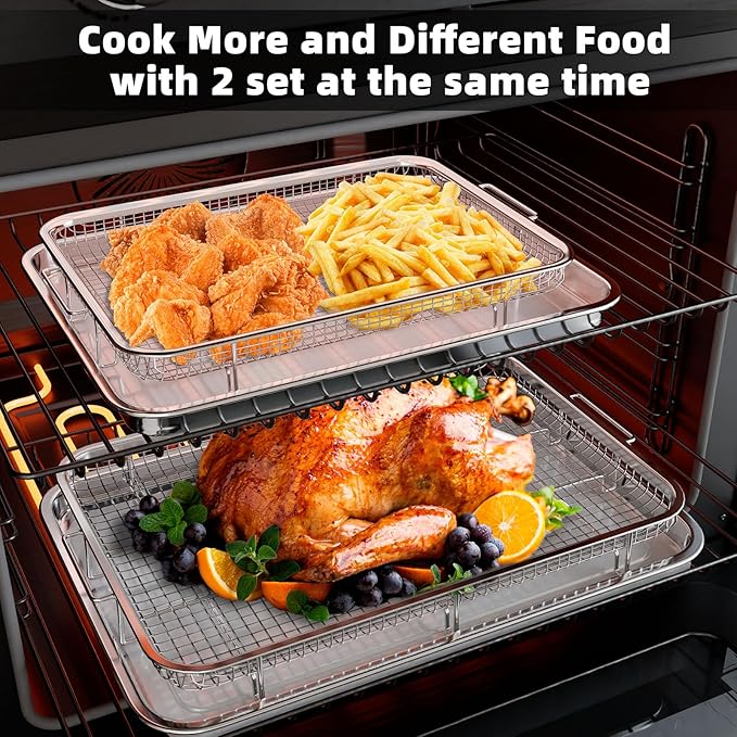 Air Fryer Basket, 2 Set Air Fryer Pans and Tray for Oven with 60 PCS Parchment Papers, DEGOVIN Non-stick Stainless Steel Oven Air Fryer Basket and Tray-18.8" x 12.8"Extra Large &15.7" x 11.6"Large