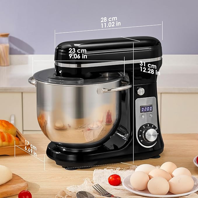 Biolomix Kitchen Electric Stand Mixer, 6 Speed Tilt Head Food Mixer with 6.5 QT Stainless Steel Bowl, Dough Hook, Flat Beater, Whisk and Anti Splash Cover, Red (6.5 QT, Black)