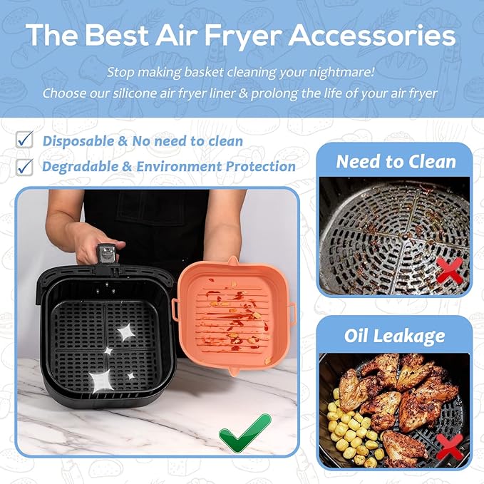 Silicone Air Fryer Liners - Square Reusable Basket - Easy to Clean Air Fryer Baking Tray, 8.5 Inch Large