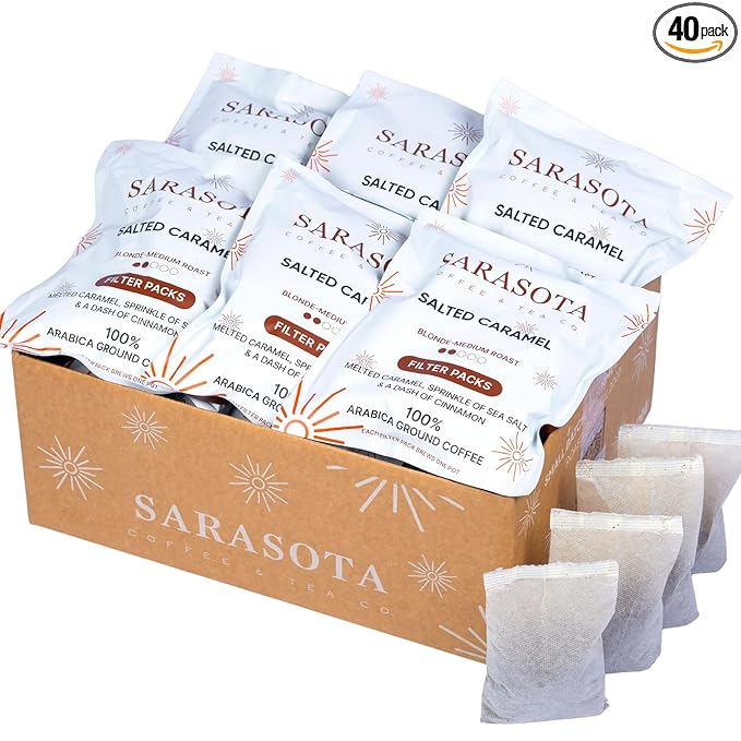 Ground Flavored Coffee In Filter Packs | Salted Caramel | Medium Roast Low Acid Mold Free Pouches | Bulk Packets Gourmet Bags for 10-12 Cup Drip Maker | Highest Rated Individual Premeasured Coffee