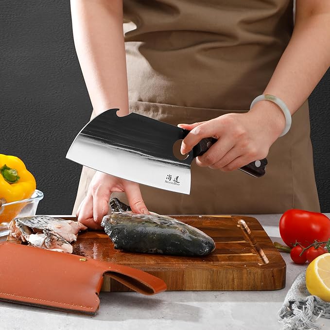 SHANGDAO 7" Deba Knife, Hand Forged Cleaver Butcher Knife for Meat Cutting, Japanese Kitchen Viking Knife with Sheath, Cooking Knife for Kitchen and Outdoor Camping, Thanksgiving Christmas Gifts