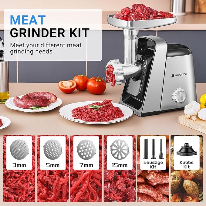 AAOBOSI 6-in-1 Electric Meat Grinder | 3000W Max | 3-Speed | 4 Grinding Plates|2 Stainless Steel Blades| Sausage Stuffer | Kubbe Maker & More Included | Built-in Storage Box for Home Kitchen Use