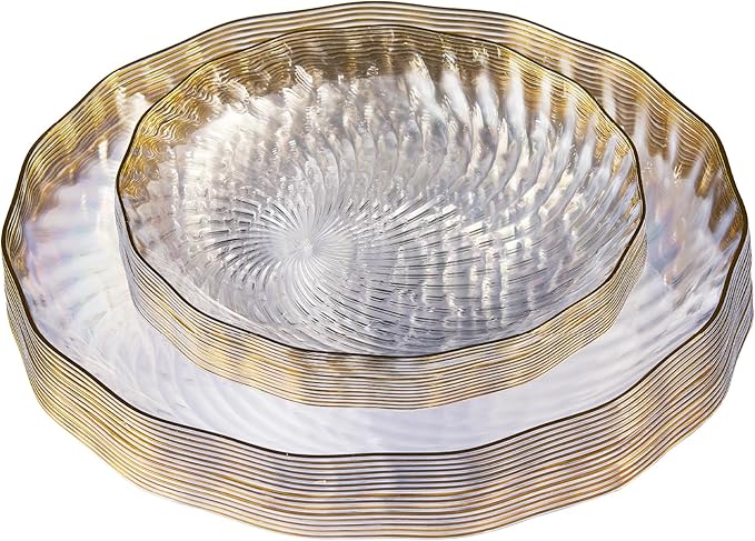 PLASTICPRO 30 Pack Plastic Plates Set of 15-10 inch Plates and 15-7 inch Plate, Elegant Clear Spiral and Gold Rim Disposable Fancy Plate Premium Heavyweight