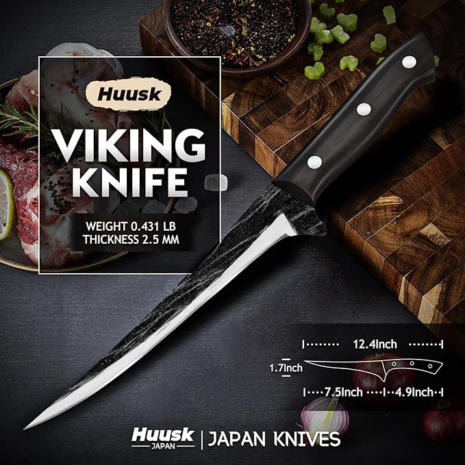 Huusk Fish Fillet Knife with Sheath - Hand Forged 7 Inch Boning Knives for Meat Trimming, Japanese Brisket Trimming Knives with Wooden Handle for Outdoor Camping, Gift for Men