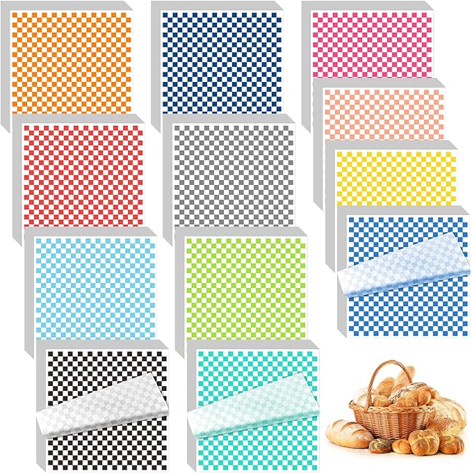 Fulmoon 1200 Sheets Waxed Deli Paper Sheets Sandwich Wrap 12 x 12 Inch Plaid Checkered Sandwich Liners, Food Basket Liner Deli Wrap Wax Paper for Wrapping Bread BBQ Picnic