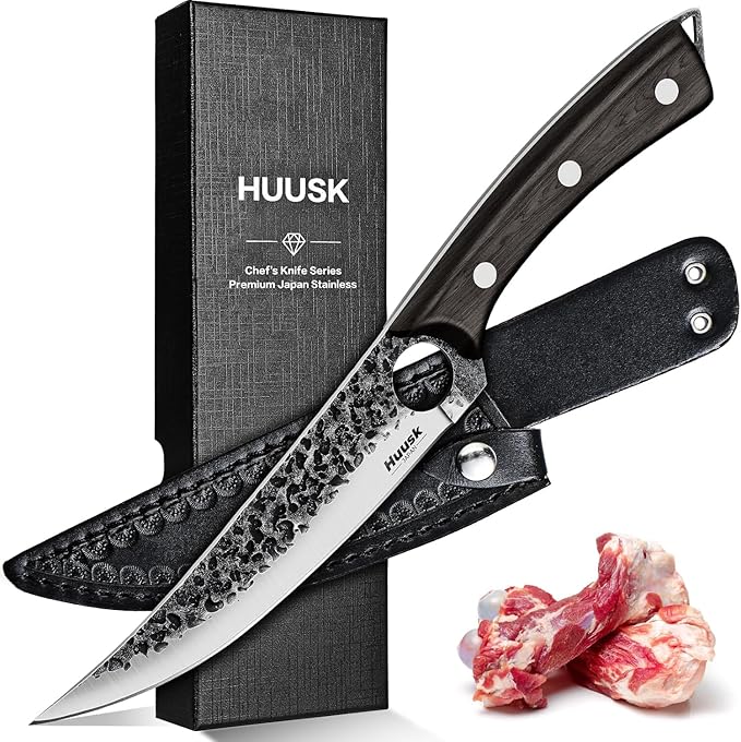 Huusk Viking Boning Knife 6 inch, Japanese Boning Knives for Meat Cutting, Full Tang Fillet Knives with Sheath, Brisket Trimming Knives for BBQ, Camping, Ideal Gift