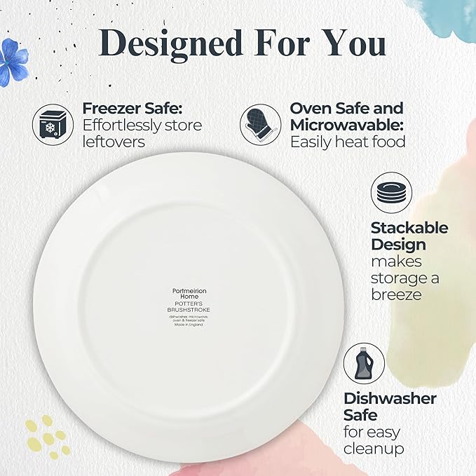 Portmeirion Potter's Brushstroke Dinner Plate (Set of 4) - 10.5" Earthenware Plate with Classic Brushstrokes - Microwave, Dishwasher, Freezer, Oven Safe - Ideal Modern Dinnerware Set (Red)