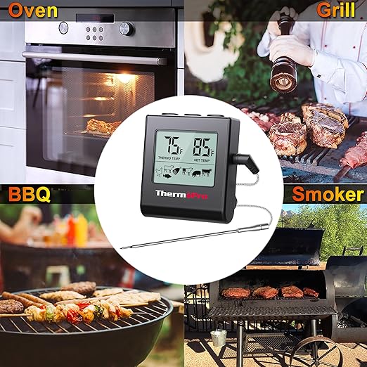ThermoPro TP16H Large LCD Digital Meat Thermometer for Cooking, Smoking, Grilling, BBQ Food Thermometer with Clock Timer and Stainless Steel Probe, Black