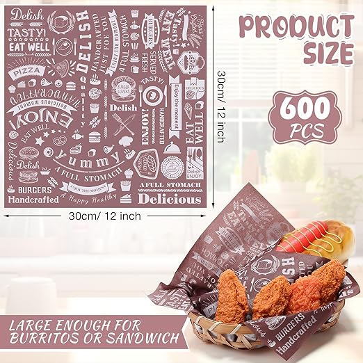 Outus 600 Pcs 12 x 12 Inch Deli Wax Paper Sheets Grease Resistant Tray Basket Liners Newsprint Paper Water and Grease Proof Sandwich Wrapping Square Hot Dog Wrappers for Food Baking (Coffee Color)