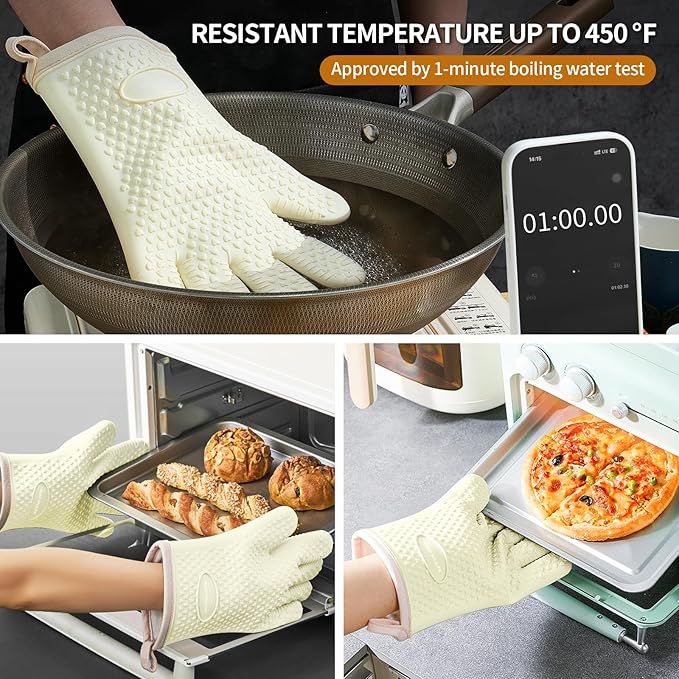 MAD SHARK Silicone Oven Mitts Heat Resistant 450 Degrees,Waterproof & Non-Slip Oven Gloves with Fingers,Cotton Lined Silicone Oven Gloves Kitchen Mitts for Baking Cooking Barbecue,Women,Oven (White)