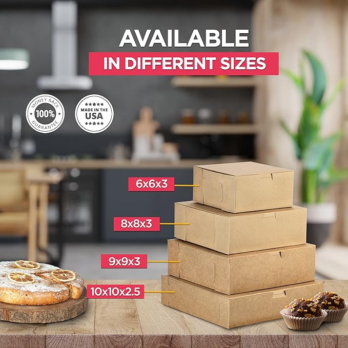 Fit Meal Prep [250 Pack] Kraft Bakery/Pie Box 8 x 8 x 3 Inch - Brown Paper Cardboard Gift Packaging, Top Lids, Corner Lock, for Cupcake, Cookies and Pastry, Restaurant, Shipping Containers and Personalized Favors, Kraft Brown