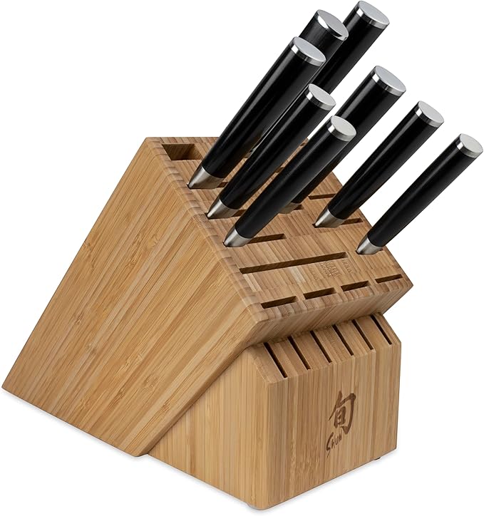 Shun Classic 9 Piece Chef’s Block Set, Includes 7 Shun Classic Knives, Honing Steel and 22-Slot Knife Block, Handcrafted Japanese Knife Set, Damascus Stainless Steel Cladding, Pakkawood Handle