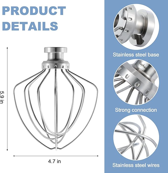 Stainless steel Wire Whip Attachment for KitchenAid Tilt-Head Stand Mixer Accessory K45SS Replacement, Egg Cream Stirrer, Cakes Mayonnaise Whisk, Whipping Egg White, Dishwasher Safe